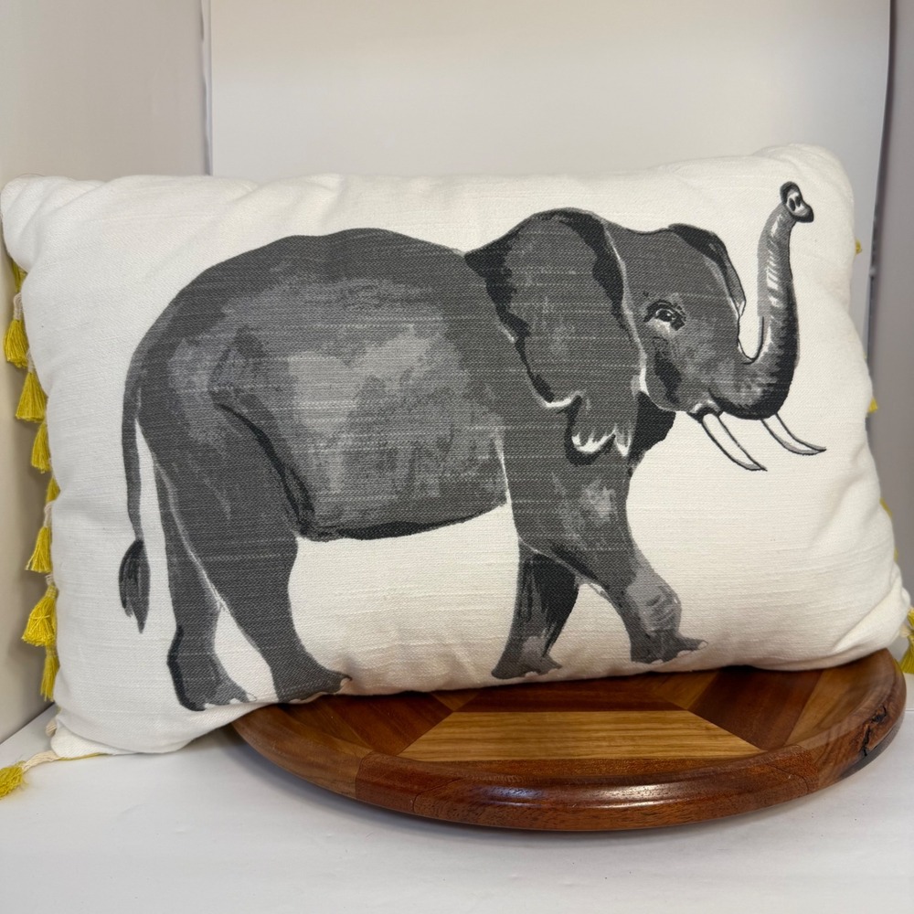 Elephant Lumbar Throw Pillow Yellow Tassel Trim Grey White Accent Cushion